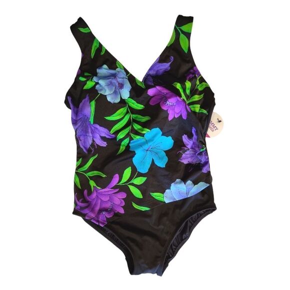 Croft & Barrow Black Purple Tropical One Piece Slimming Swimsuit Size 10 NWT - Picture 4 of 10